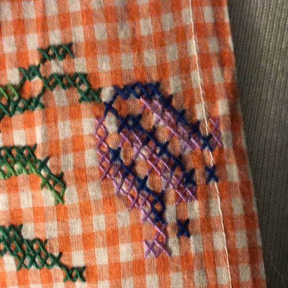 Homemade preteen size orange gingham embroidered apron/ llama/pockets - Picture 5 of 14